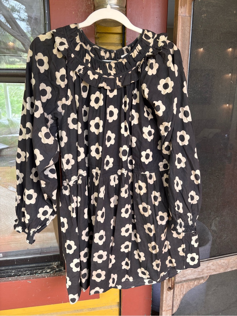 Christy Dawn Black Floral Ruffle-Neck Dress